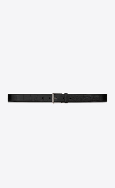 roller buckle belt in black crocodile embossed leather